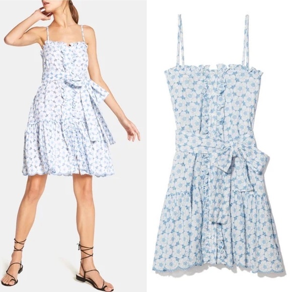 Lisa Marie Fernandez || Cornflower + Cream Ruffle Slip Dress Poppy Eyelet Size 3 - Picture 1 of 10